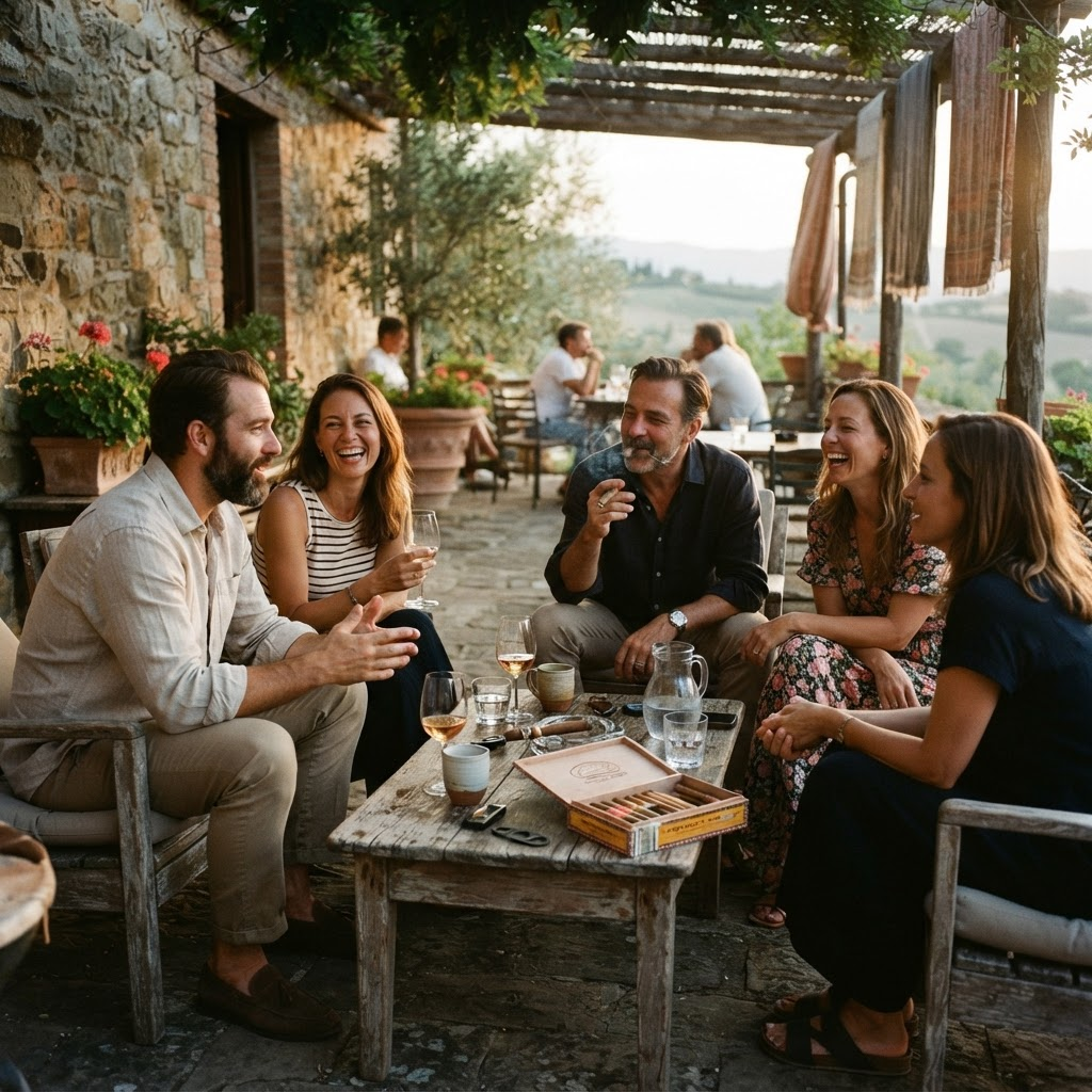 A small group of friends in relaxed conversation on a shaded terrace at golden hour.